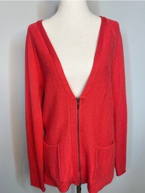 Sz S J Jill full zip front knit sweater red pockets long sleeve
